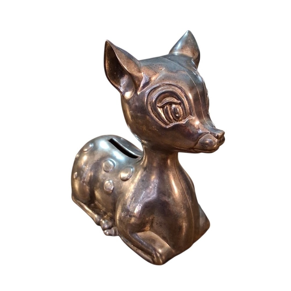 Vintage Children's Brass Lounging Bambi Deer Fawn Coin Bank 5"Lx4.5"T NO LID
